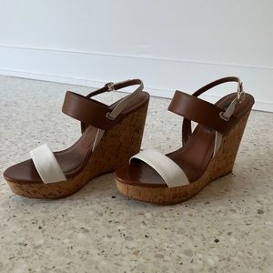 Caramel and white leather White House Black Market wedge sandals with cork heels